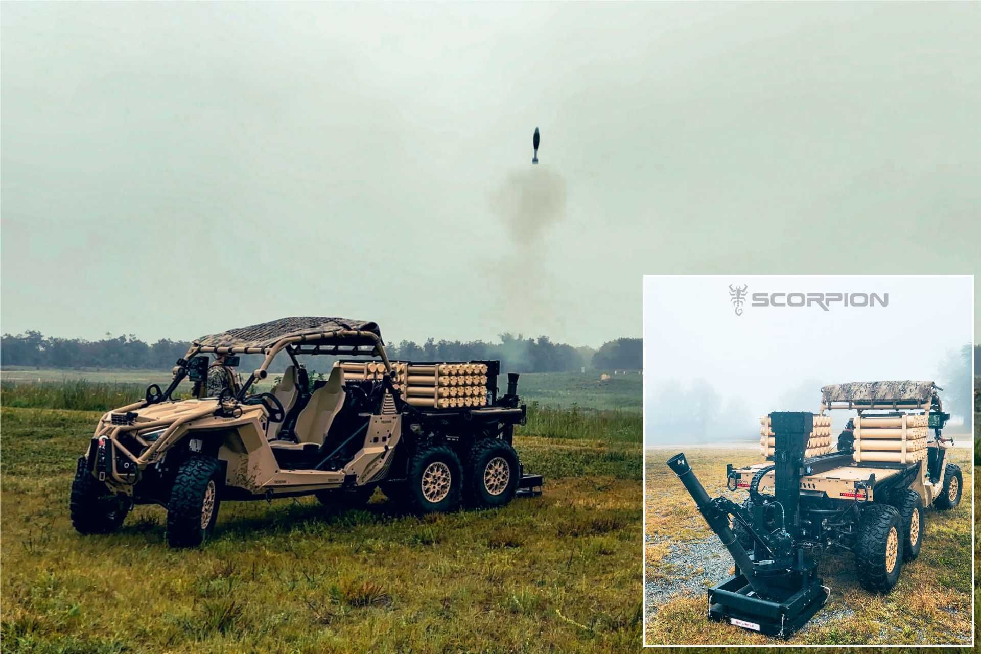 The Scorpion Light is an automated 81 mm mobile mortar system mounted on a Polaris MRZR Alpha 6x6, designed to deliver rapid, precision indirect fire and relocate in under two minutes.