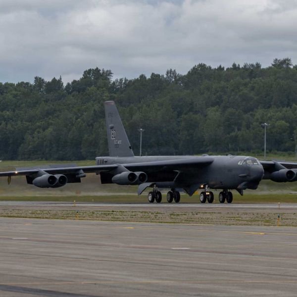 A U.S. Air Force B-52H Stratofortress lands at Joint Base Elmendorf-Richardson, Alaska, on August 5, 2026, ahead of the Arctic Thunder Open House. The long-range strategic bomber is undergoing major modernization toward the future B-52J configuration, including Rolls-Royce F130 engines and a new AESA radar intended to keep the aircraft operational into the 2050s and beyond.