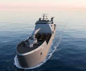 Artist's rendering of the U.S. Navy's future Medium Landing Ship (LSM), a new class of amphibious vessel designed to provide the U.S. Marine Corps with distributed littoral mobility and expeditionary logistics support under the Force Design 2030 modernization strategy. (Picture source: U.S. Navy)