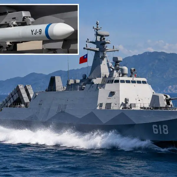 Illustrative image of a Taiwan Tuo Chiang-class missile corvette at sea, with an inset showing a YJ-9 family anti-ship missile. China’s newly unveiled YJ-9ER is reported to double the engagement range of the earlier weapon, potentially increasing the threat to fast, missile-armed surface combatants operating around Taiwan. (Picture source: Army Recognition / AI generated image)