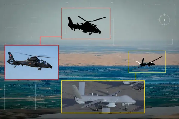 China’s Z-19 attack helicopter has been filmed flying in close formation with KVD002-type reconnaissance-strike drones, suggesting PLA Army Aviation is advancing manned-unmanned teaming for future combat operations (Chinese Social Media / Edited By Army Recognition Group)