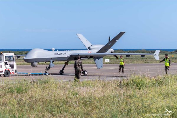 A French Air and Space Force MQ-9 Reaper stands on the flight line before operations. France is expanding the aircraft's mission by integrating AGM-114 Hellfire missiles for counter-drone engagements, reflecting lessons learned from recent conflicts in Ukraine and the Middle East. (Picture source: French Ministry of the Armed Forces)