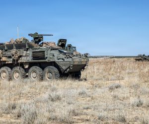 U.S. Army Stryker armored vehicles from the 4th Infantry Division during a defensive training exercise at Piñon Canyon Maneuver Site, Colorado, on May 13, 2026. Greece is set to receive Stryker vehicles as part of expanded defense cooperation with Washington. (Picture source: U.S. Army)