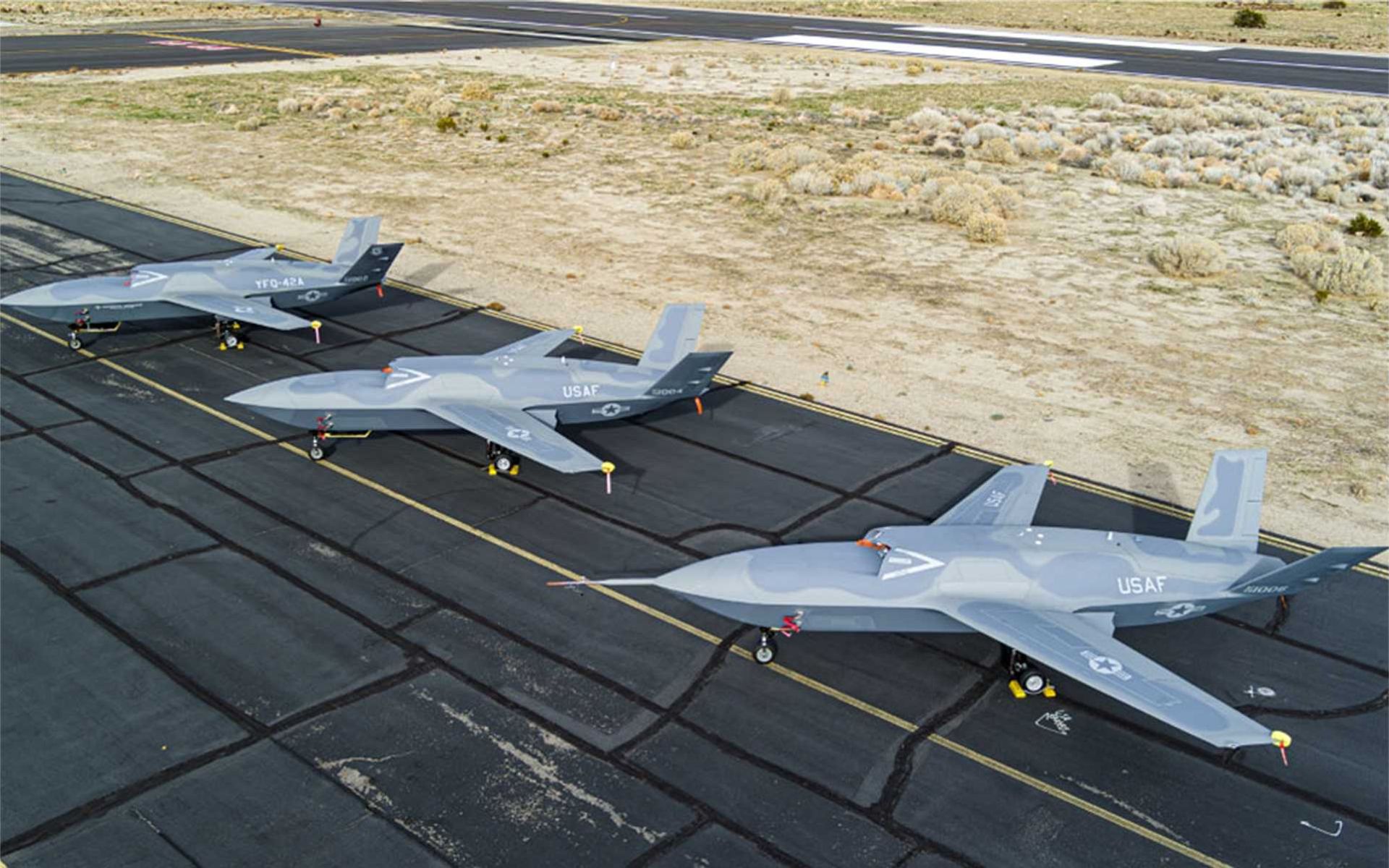  YFQ-42A Collaborative Combat Aircraft prototype during ground operations, representing the U.S. Air Force’s push toward modular third-party mission autonomy integration.