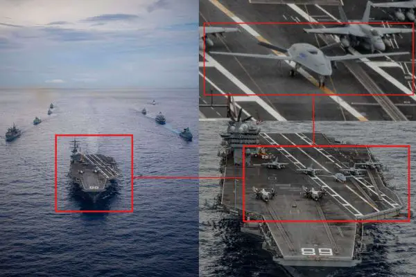 The MQ-25A Stingray’s appearance aboard USS Nimitz during FLEETEX 250 marks a major step in bringing unmanned aerial refueling into U.S. carrier operations. (Picture Source: U.S. Navy  / Edited by Army Recognition Group) © Army Recognition Group. All rights reserved. Unauthorized use, reproduction, or distribution prohibited.