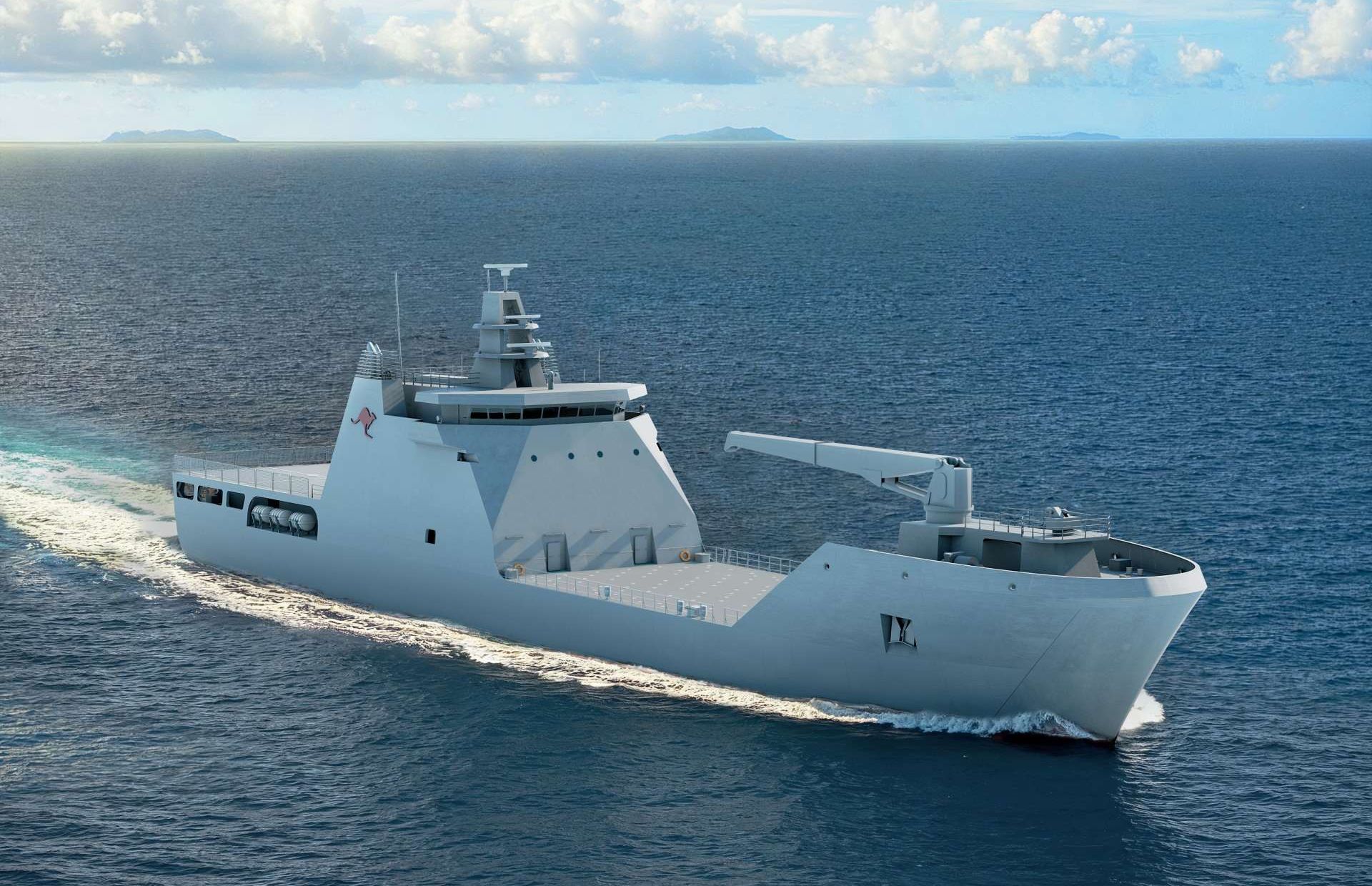 Australia’s 100 m Landing Craft Heavy (LST100-based) self-deploys over 4,000nm with 15-day endurance, lands 70-ton loads via bow and stern ramps, and carries 200+ troops with up to six Abrams tanks or nine Redback IFVs, plus a medium-helicopter deck for resupply and medevac (Picture source: Austal).