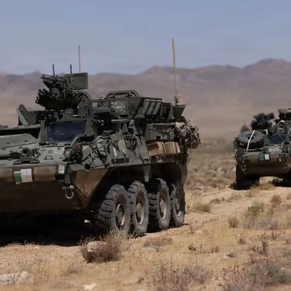 A U.S. Army Stryker armored vehicle equipped with the Next Generation Command and Control (NGC2) system during Project Convergence Capstone 6 at Fort Irwin, California, in July 2026. (Picture source: U.S. Army)