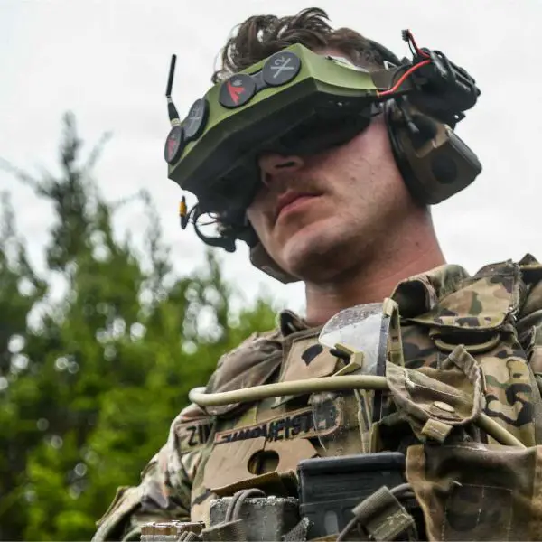 U.S. Army Spc. Ian Zinsmeister, an FPV drone operator with D Company, 2nd Battalion, 5th Cavalry Regiment, 1st Cavalry Division, prepares to launch a first-person-view drone during a counter-unmanned aerial system (C-UAS) qualification at Fort Hood, Texas, on July 26, 2026. (U.S. Army photo)