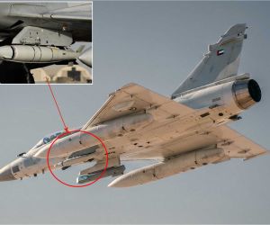 A UAE Air Force Mirage 2000-9 multirole fighter aircraft armed with HALCON's Thunder precision-guided bomb conversion kit. The EDGE Group-developed smart weapon transforms standard Mk 81 and Mk 82 bombs into low-cost precision-guided munitions, significantly enhancing the aircraft's strike capability for sustained combat operations. (Picture source: EDGE Group/X)
