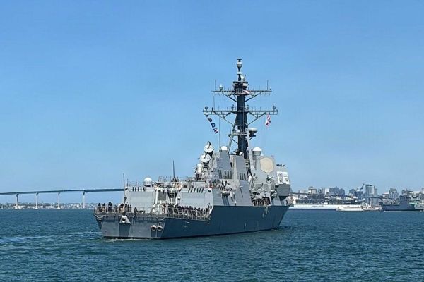 U.S. Navy USS Chung-Hoon (DDG-93) departs Naval Base San Diego on April 20, 2026, for sea trials after completing its DDG Modernization 2.0 upgrade, which enhances the destroyer's Integrated Air and Missile Defense and electronic warfare capabilities. (Picture source: U.S. Navy)