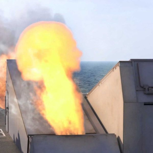 The fixed-angle Adaptable Deck Launcher (ADL) accommodates Mk 25 Quad-Pack canisters carrying four ESSM interceptors per cell across both tactical- and strike-length variants, providing supplementary missile firepower and enabling at-sea rearming without requiring deep vertical launch wells. (Picture source: BAE Systems)