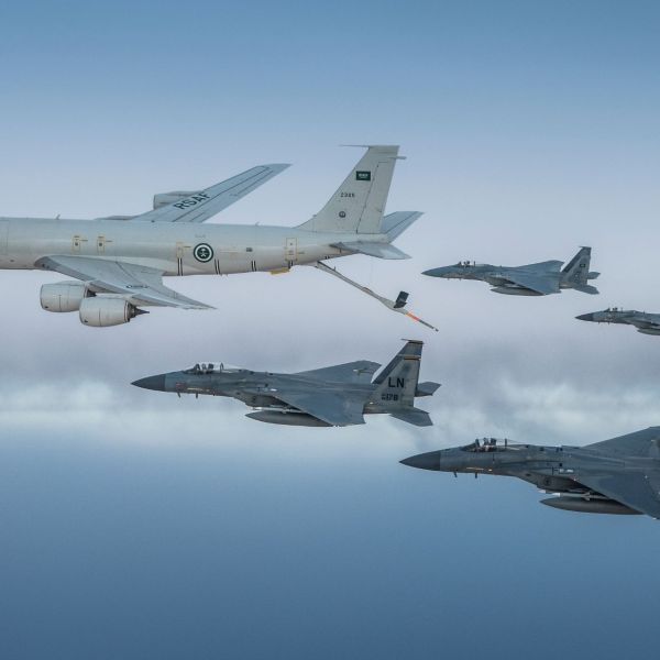 A Royal Saudi Air Force K-3 Tanker and Royal Saudi Air Force F-15C Eagles fly in formation with U.S. Air Force F-15Cs in the U.S. Central Command area of responsibility, June 2, 2019 (Picture source: US