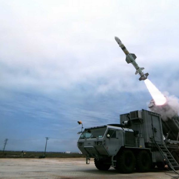 The U.S. Navy Harpoon Coastal Defense System (HCDS) fires a land-based Harpoon anti-ship missile during Developmental Test 1 (DT-1) at Point Mugu Sea Range in California in July 2026, validating its ability to engage maritime targets in littoral waters. (Photo courtesy of Boeing)