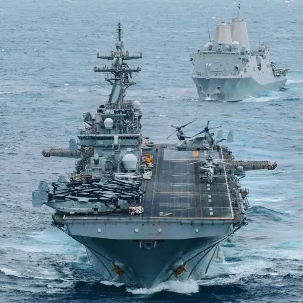 U.S. Navy USS Boxer (LHD 4) and USS Portland (LPD 27) transit the Indian Ocean in formation on June 30, 2026, as part of the Boxer Amphibious Ready Group's deployment to the U.S. Central Command area of responsibility, strengthening U.S. expeditionary and amphibious capabilities in the Middle East. (Picture source: U.S. CENTCOM)