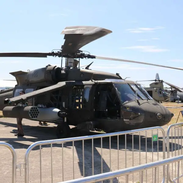 Lockheed Martin displays the Armed Black Hawk at the Farnborough International Airshow 2026, showcasing a combat-configured UH-60/S-70 helicopter equipped with Hellfire and JAGM missile capability while retaining its multirole transport mission. (Picture source: Army Recognition Group)
