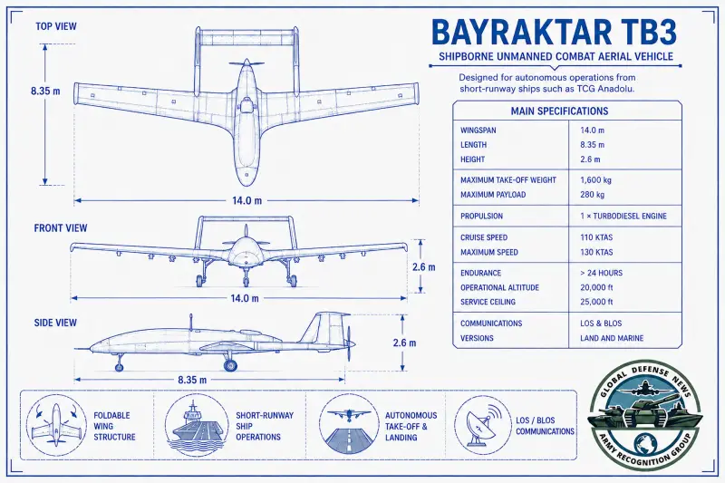 Bayraktar TB3 naval UCAV drone Baykar Türkiye specifications technical review data fact sheet armament weapons sensors payload carrier capability pictures video.