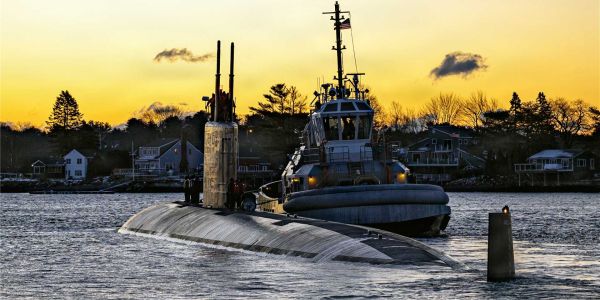The upgraded U.S. Navy Los Angeles-class fast attack submarine USS Cheyenne (SSN 773) departs Portsmouth Naval Shipyard for post-overhaul sea trials in December 2025.