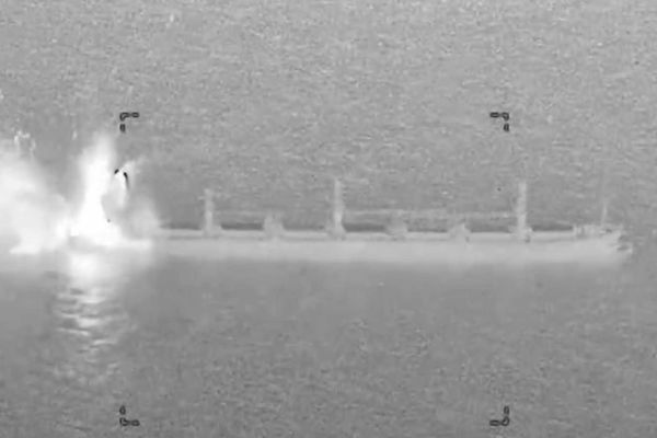 A U.S. military fighter jet conducts a precision strike against the stern of the Panama-flagged M/V Ocean Molica in the Gulf of Oman on October 10, 2026. According to U.S. Central Command, the strike disabled the commercial cargo ship's propulsion system without sinking the vessel or injuring its crew after an alleged violation of the U.S. naval blockade against Iran. (Video source: U.S. Central Command)
