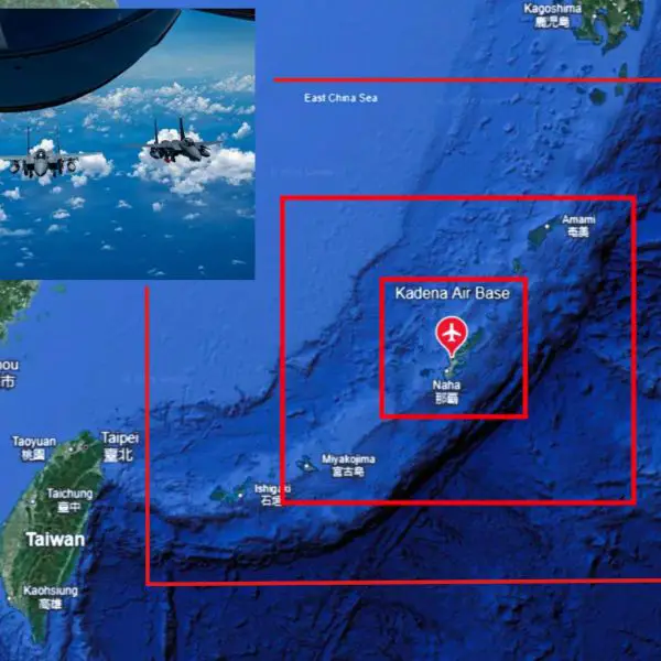 U.S. Air Force F-15EX Eagle II fighters have flown to Kadena Air Base in Japan to prepare local units and partners for the aircraft’s future permanent role in Indo-Pacific deterrence (Picture Source: U.S. Air Force / Google Earth / Edited By Army Recognition Group)
