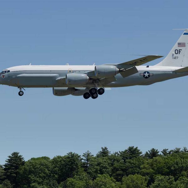 A U.S. Air Force TC-135 from the 55th Wing flies during Exercise Ravitaillement en Vol, supporting the first U.S.-U.K.-France RC-135 aerial refueling integration with a French A330 MRTT Phénix. The exercise established a repeatable framework for allied tanker support to NATO intelligence aircraft.