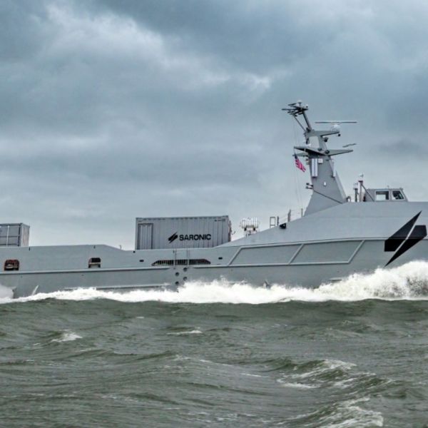 Saronic’s Marauder Medium Unmanned Surface Vessel underway; Saronic will build ten MUSVs under the U.S. Navy’s 30-vessel procurement(Picture source: Saronic)
