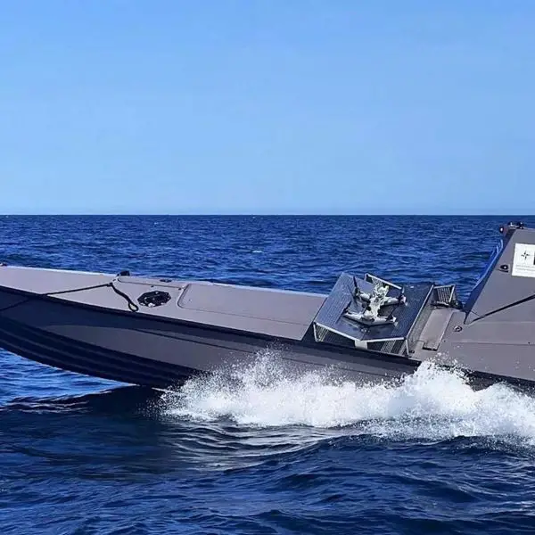 British Royal Navy Kraken K3 unmanned surface vessel launches three short-range loitering drones during the U.S.-led AUKUS Maritime Big Play Pacific demonstration at Naval Base Point Loma, San Diego, on October 20, 2026. (Picture source: U.S. Navy)