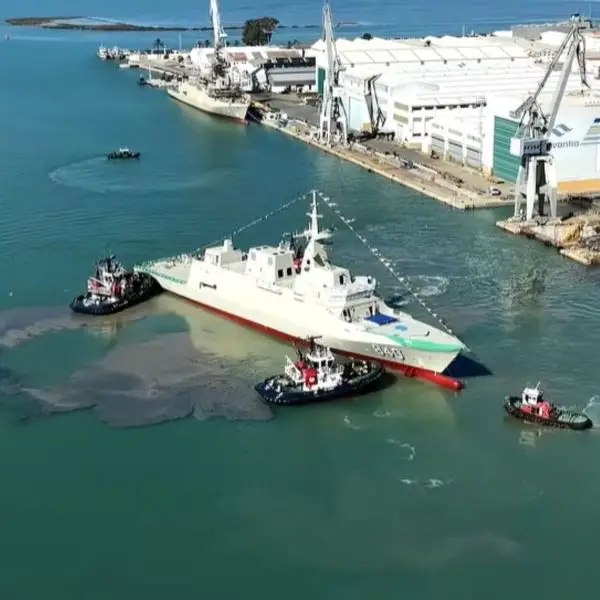 Navantia launches the future HMS Neom Avante 2200 corvette at its San Fernando shipyard in Spain on October 25, 2026, marking the seventh vessel built for the Royal Saudi Naval Forces. (Picture source: Navantia)