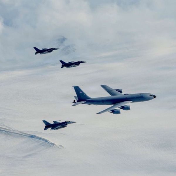 NORAD deployed U.S. Air Force F-16 Fighting Falcons from Alaska through Canada toward Greenland to test rapid fighter deployment, aerial refueling and sustained combat operations across the Arctic. (Picture Source: NORAD)