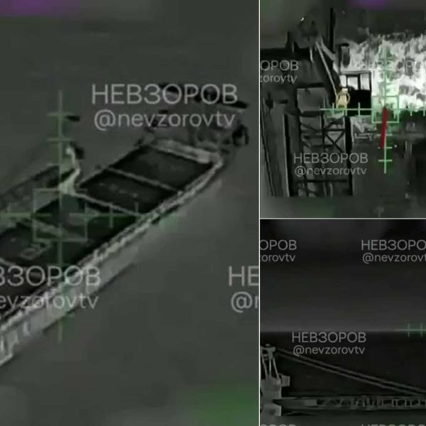 The sanctioned Russian-flagged cargo vessel, Lady Mariia, was severely damaged off Crete by repeated Ukrainian drone strikes targeting its deck equipment and logistics systems. (Picture source: Telegram/Nezvorov)