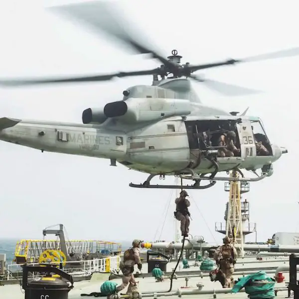 U.S. Marines assigned to the 11th Marine Expeditionary Unit board the commercial tanker M/T Wen Yao during a verification boarding operation in the Gulf of Oman on July 16, 2026. The inspection formed part of U.S. Central Command's enforcement of the maritime blockade against Iran, with the Strait of Hormuz remaining open to lawful international shipping. (Picture source: U.S. Central Command)