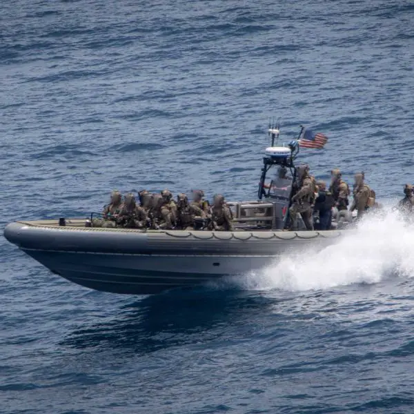 U.S. Marines and sailors assigned to Maritime Raid Force, Littoral Combat Force 24, operate a rigid-hull inflatable boat from the San Antonio-class amphibious transport dock USS San Antonio (LPD 17) during a maritime interdiction operation against a Los Choneros-linked refueling vessel in the Eastern Pacific, September 3, 2026.