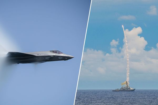 A U.S. Navy F-35C Lightning II and the Arleigh Burke-class guided-missile destroyer USS Dewey illustrate the air and sea launch environments targeted by the Compact Air-to-Air Missile and Naval Modular Missile programs. (Picture source: US DoD)