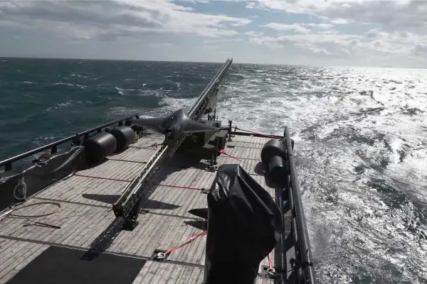 The British Royal Navy successfully launches the Nyan One Way Effector autonomous strike drone from the experimental vessel XV Patrick Blackett during sea trials off England's south coast, marking the first-ever shipborne launch of the system while underway. (Picture source: British Royal Navy video footage)