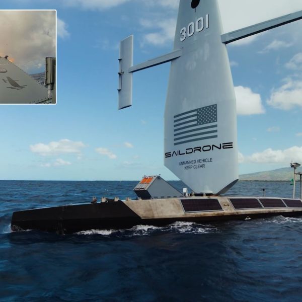 A Saildrone Surveyor USV launches a JAGM missile during a live-fire demonstration at RIMPAC 2026 near Hawaii. (Picture source: Saildrone)