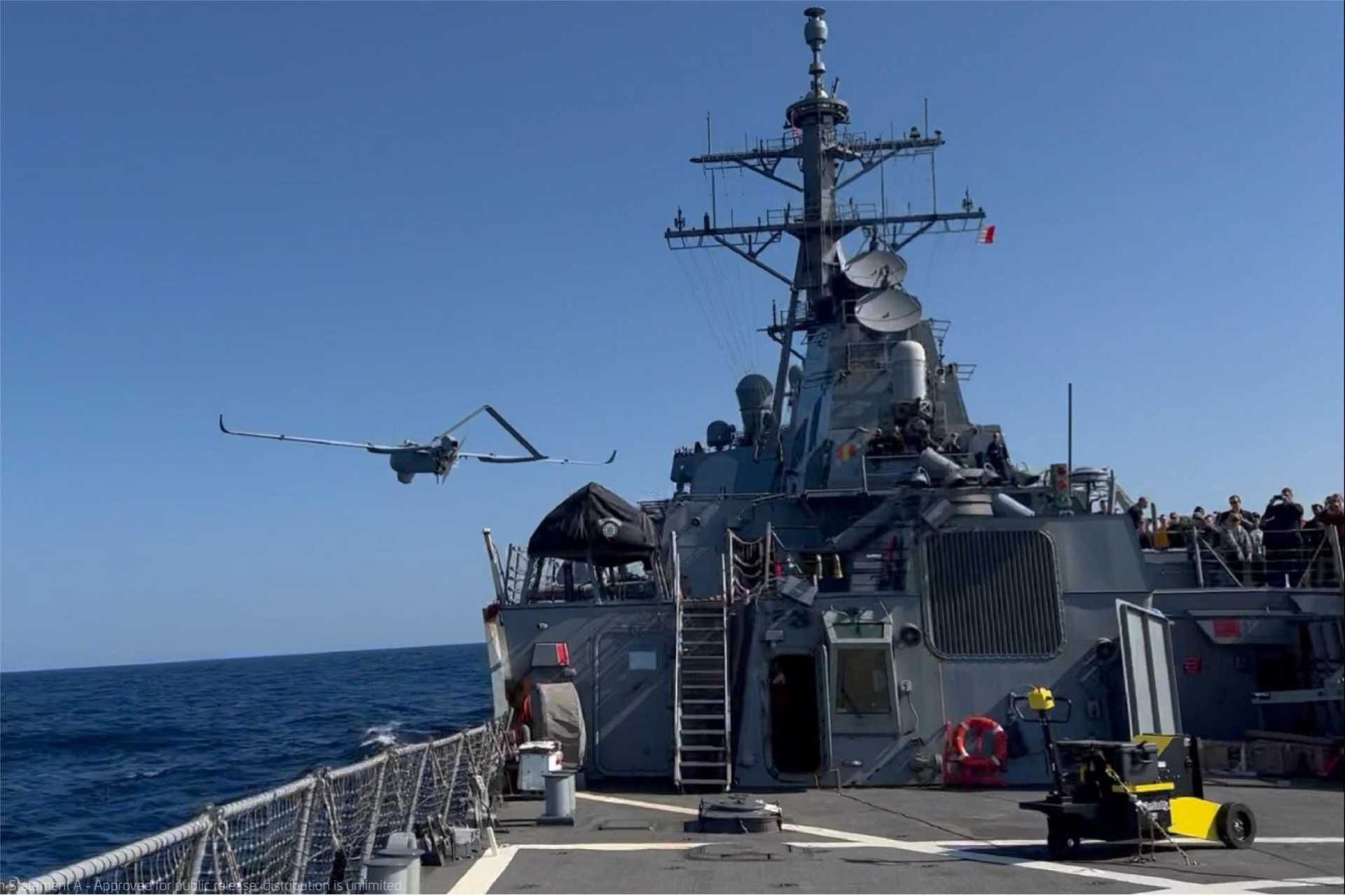  A Textron Systems Aerosonde unmanned aircraft launches from a U.S. Navy vessel during an earlier maritime operation. The U.S. Navy has not identified the unmanned aircraft or the two vessels involved in the August 31, 2026 sea-based ISR support award.