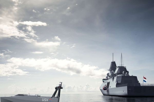 The Royal Netherlands Navy’s future anti-submarine warfare frigates will deploy a 12-metre uncrewed surface vessel equipped with active sonar, extending submarine detection beyond the ship and its NH90 helicopter (Picture source: Dutch MoD).
