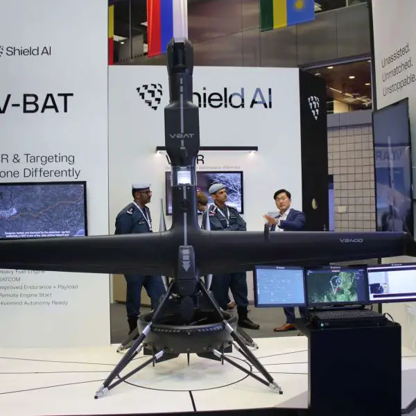 Shield AI V-BAT on display at DIMDEX 2026 showcases a VTOL unmanned aircraft optimized for shipboard operations, combining long-endurance heavy-fuel propulsion, SATCOM, autonomous launch and recovery, and modular ISR-targeting payloads, with the option to integrate lightweight precision munitions for rapid maritime and coastal strike missions (Picture source: Army Recognition Group).