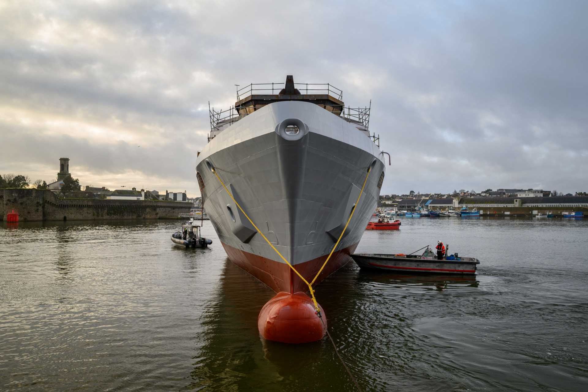 The Trolley de Prévaux is now entering its fitting-out phase afloat in Concarneau before harbor and sea trials planned for 2026, with delivery expected in 2027 or 2028, depending on trial outcomes, before its assignment to the Brest naval base. (Picture source: French Navy)