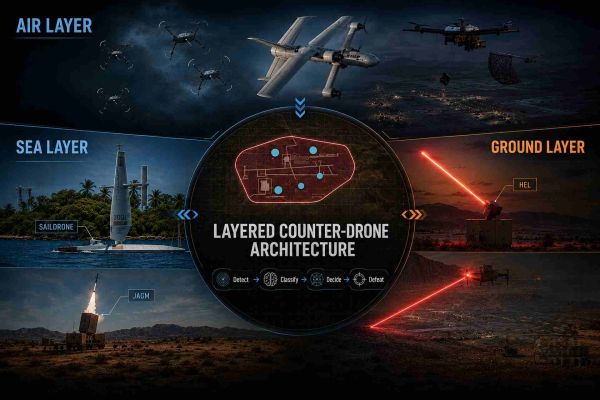Lockheed Martin has unveiled a layered counter-drone architecture that integrates AI-enabled command and control, advanced sensors, kinetic interceptors and non-kinetic weapons to counter increasingly autonomous and coordinated drone threats (Picture Source: Lockheed Martin / Edited By Army Recognition Group)