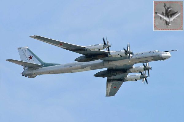 Satellite imagery shows a Tu-95MS with the entire tail section detached and lying behind the main airframe, making restoration to flying condition technically unrealistic. (Picture source: Wikimedia/Sergey Kustov and X/AviVector)