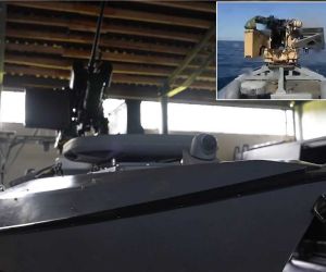 Ukraine’s Sargan 3000 armed unmanned surface vessel, fitted with a 12.7 mm Protector remote weapon station, with inset footage showing the reported September 12, 2026 attack on a Russian unmanned boat in the Black Sea. (Picture source: Ukrainian Navy)