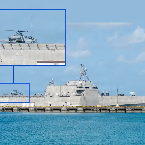 USS Canberra’s integration with a Marine Corps AH-1Z Viper in Okinawa demonstrates how littoral combat ships could serve as distributed aviation nodes for armed helicopters across the Indo-Pacific (Picture Source: U.S. Navy)