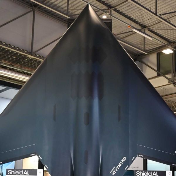 Shield AI’s X-BAT autonomous combat drone scale model displayed at MSPO 2026 in Kielce, Poland, highlighting a runway-independent design intended for dispersed operations from austere sites, roads and ships.