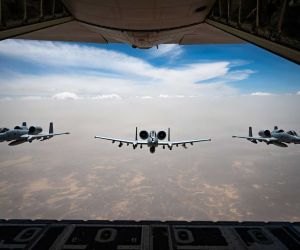 A U.S. Air Force HC-130J Combat King II conducts aerial refueling with three A-10C Thunderbolt II attack aircraft during operations in the U.S. Central Command area of responsibility, extending the aircraft's endurance and operational reach. (Picture source: U.S. CENTCOM)