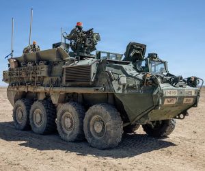 Stryker 8x8 armored combat vehicles assigned to the 1st Battalion, 12th Infantry Regiment, 2nd Stryker Brigade Combat Team, 4th Infantry Division, occupy defensive positions during a force-on-force exercise conducted as part of Exercise Ivy Mass at the Piñon Canyon Maneuver Site, Colorado, on May 13, 2026.
