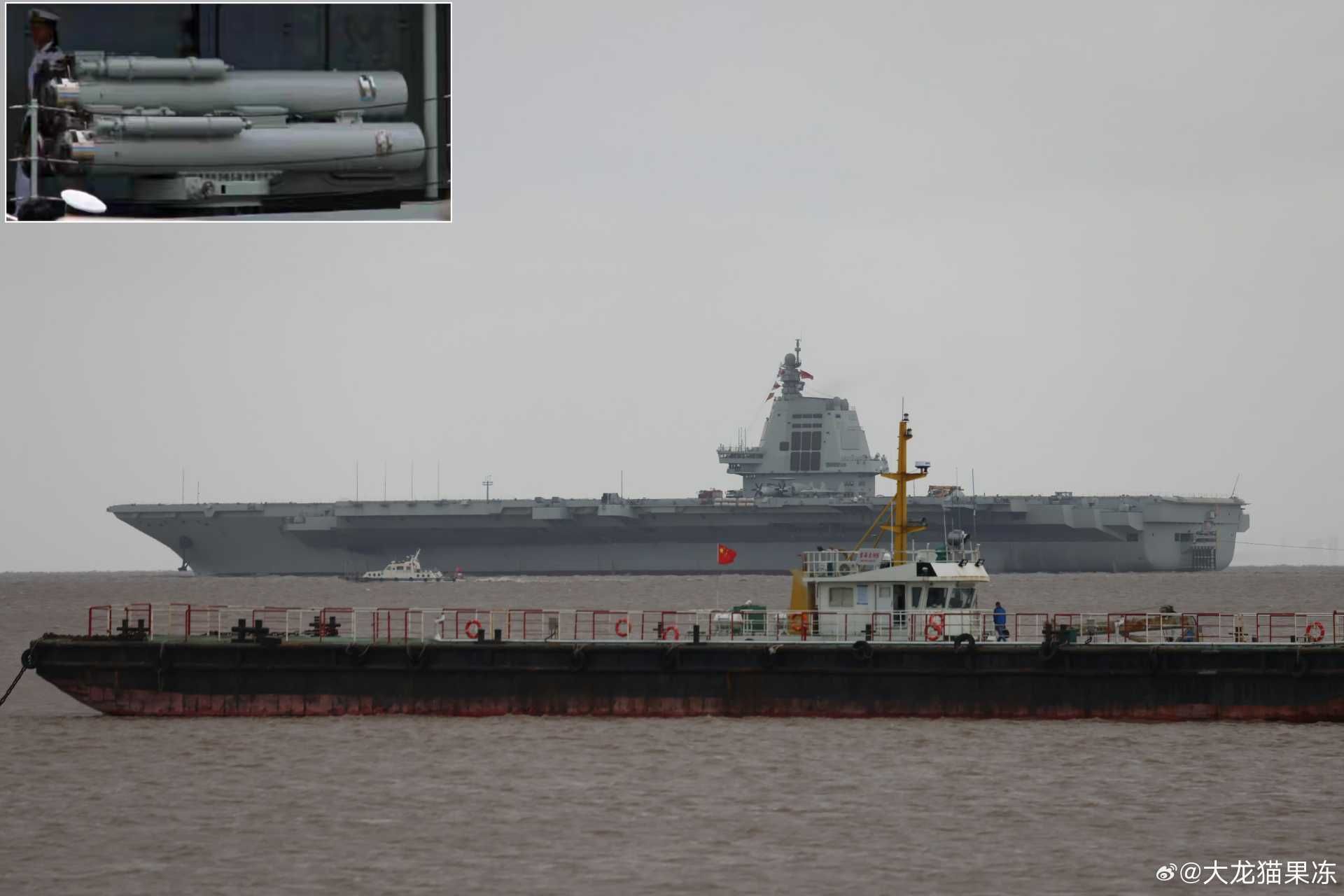 An operational ATT would make the Fujian the world's first aircraft carrier able to physically intercept and destroy incoming torpedoes before they hit the ship, adding a previously unseen final layer of underwater defense. (Picture source: Weibo/@大龙猫果冻 and lyman2003)