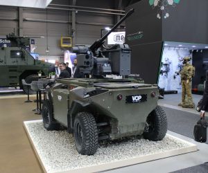 VOP CZ showcased its TAROS V4 4x4 unmanned ground vehicle armed with the EOS Slinger counter-drone weapon system at Future Forces Forum 2026 in Prague, highlighting a mobile approach to defeating aerial threats while reducing soldiers' exposure to danger (Picture Source: Army Recognition Group)