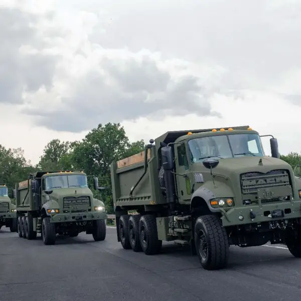 The U.S. Army has ordered 115 additional Mack Defense M917A3 8×8 Heavy Dump Trucks for the Army National Guard, adding protected 27-ton construction vehicles for route repair, airfield development, earthmoving and logistics support in contested and austere environments (Picture source: Mack Defense).
