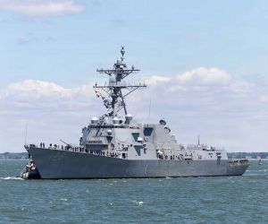 The future USS Ted Stevens (DDG 128), a Flight III Arleigh Burke-class guided-missile destroyer, arrives at Naval Station Norfolk, Virginia, on May 15, 2026. The U.S. Navy will commission the SPY-6-equipped destroyer on October 3, 2026, in Whittier, Alaska. (U.S. Navy photo)