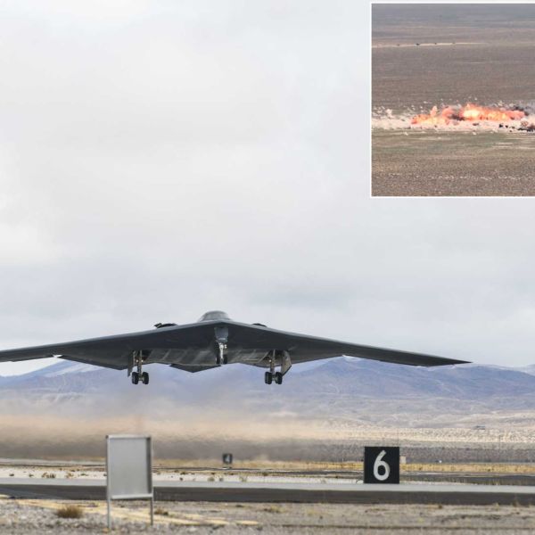 A U.S. Air Force B-2 Spirit stealth bomber conducts live-fire precision-strike training at the Nevada Test and Training Range on August 3, 2026, with the vignette highlighting both the aircraft and the effects of its weapons employment on the target area.